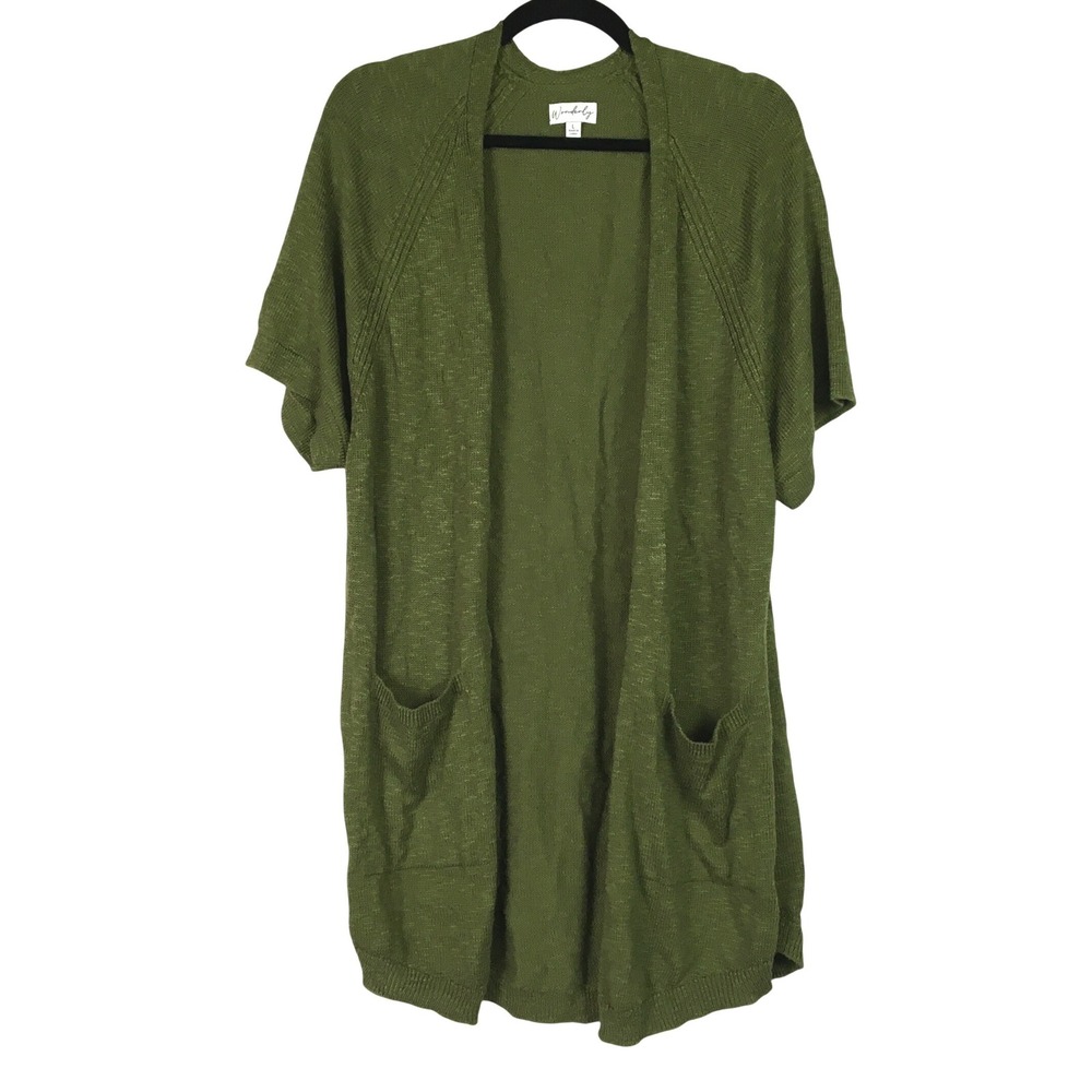 Wonderly Short Sleeve Open Front Pocket Cardigan L Olive Green
